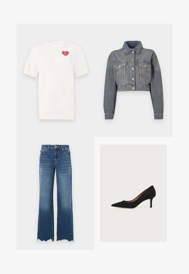 Kort denimjakke i lyseblå med klassisk krave, lange ærmer, forlommer og knaplukninger med sølvfarvet beslag.; Hvid bomulds t-shirt med et rosa hjerteformet grafisk design med ordet "Hugs" i kursiv. Korte ærmer og afslappet pasform.; Denim flare jeans i en medium blå vask, med en rå kant, fem lommer og lukning med knapper foran.; Sort ruskindspumpe med spids snude, mellemhøj stiletthæl og tan indersål på en lys baggrund.