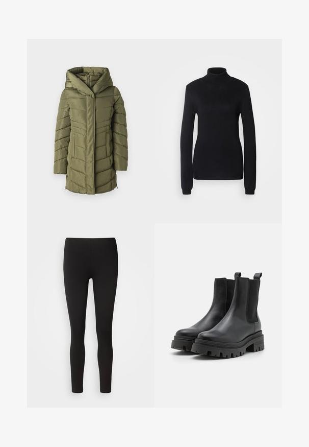 Olivengrøn pufferjakke med hætte, der har et quiltet design, lynlåslukning foran og sidelommer. Glat tekstur over det hele.; Sort turtleneck sweater lavet af et blødt strikstof, med lange ærmer og en tætsiddende silhuet, der har ribbet krave og kant.; Sorte leggings lavet af strækbart stof med en sømløs talje, tætsiddende design og glat tekstur, velegnet til forskellige aktiviteter.; Sorte læderankelstøvler med elastiske sidepaneler, tyk gummisål og et chunky platformdesign. Har træksnore for nem påføring.