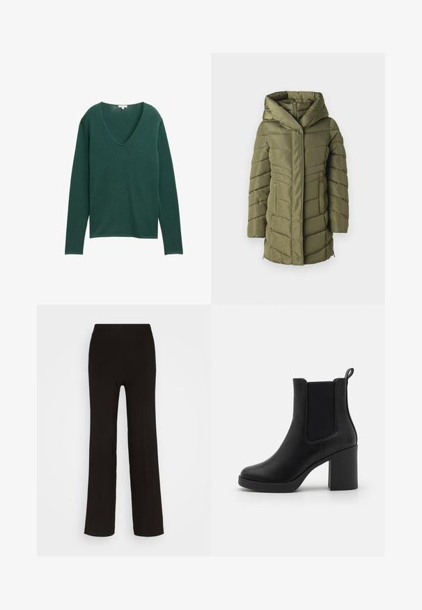 Chaqueta de abrigo verde oliva con capucha, con un diseño acolchado, cierre frontal con cremallera y bolsillos laterales. Textura suave en toda la prenda.; Suéter verde de manga larga con escote en V profundo, hecho de un tejido suave. Presenta un ajuste relajado y una textura sutil y suave.; Pantalones de pierna ancha negros, fabricados en una tela suave, con una cinturilla alta ajustada y sin hardware o patrones visibles.; Botín negro de tacón con empeine de cuero sintético, paneles elásticos en los laterales, punta redonda y tacón cuadrado texturizado.
