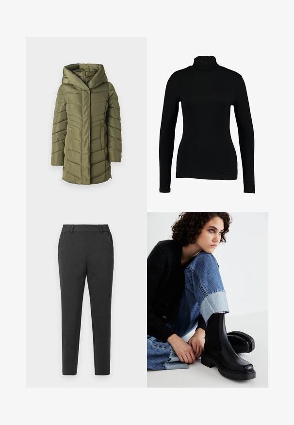 Olivengrøn pufferjakke med hætte, der har et quiltet design, lynlåslukning foran og sidelommer. Glat tekstur over det hele.; Sort langærmet turtleneck top lavet af glat stof, med et tætsiddende design og høj hals, velegnet til lag-på-lag brug eller som en selvstændig beklædningsgenstand.; Mørkegrå slim-fit bukser med bæltestropper, sidelommer og en tapered ben-design på en ensfarvet lys baggrund.; Sorte ankelstøvler med elastiske sidepaneler, tyk sål og firkantet tå. Båret med slidte blå jeans med en frynset kant.