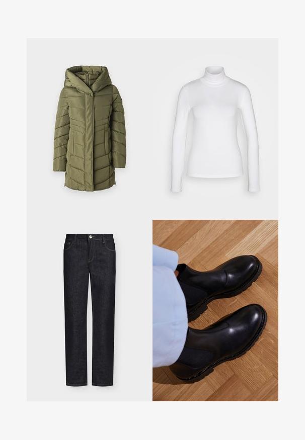 Doudoune verte olive avec capuche, présentant un design matelassé, une fermeture éclair frontale et des poches latérales. Texture lisse dans l'ensemble.; Chemise à col roulé blanc à manches longues en tissu lisse et extensible. Offre une coupe ajustée et un col haut. Pas de motifs ni d'accents visibles.; Jean droit noir en denim avec poches avant, passants de ceinture et fermeture par bouton sur fond uni.; Bottines noires en cuir lisse avec des panneaux latéraux élastiques, une semelle en caoutchouc texturé et des coutures contrastantes le long du bord.