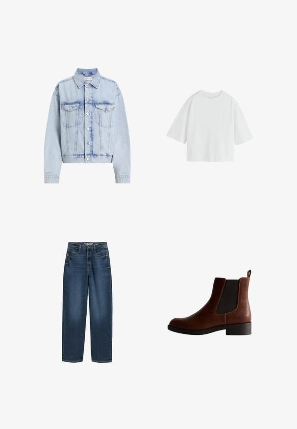 Chaqueta de mezclilla azul clara con cuello tipo solapa, dos bolsillos frontales, botones plateados y mangas con puños. Textura desgastada en toda la prenda.; Camiseta blanca lisa de manga corta oversize con cuello redondo y ajuste holgado.; Jeans de pierna ancha de color azul oscuro con cintura alta, bolsillos frontales y textura de denim clásica. Acabados con detalles de costura sutiles y aberturas de pierna recta.; Botín de cuero marrón hasta el tobillo con paneles laterales elásticos, puntera redondeada y un tacón bajo tipo bloque. Presenta costuras en contraste y una lengüeta.