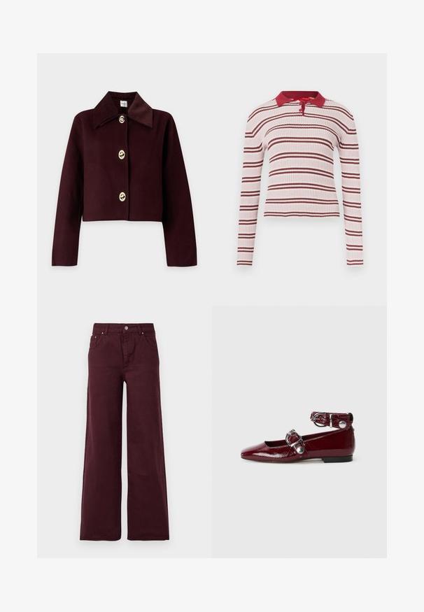 Veste courte marron foncé à manches longues, large col en velours côtelé, et trois gros boutons ronds dorés sur le devant.; Haut à manches longues côtelé rose clair avec des rayures horizontales bordeaux, col polo et patte de boutonnage à trois boutons. La texture semble douce et extensible.; Jeans larges bordeaux avec taille haute, fermeture à bouton en métal, poches avant et un tissu lisse, légèrement texturé.; Ballerines en cuir verni bordeaux avec un bout pointu, une bride de cheville avec une boucle en argent et un petit talon. Texture lisse sur l'ensemble.