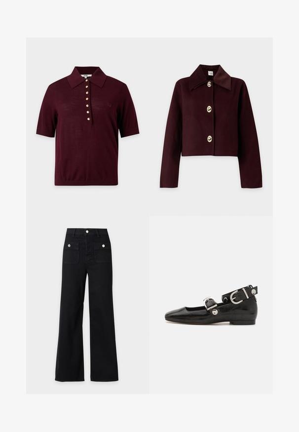 Veste courte marron foncé à manches longues, large col en velours côtelé, et trois gros boutons ronds dorés sur le devant.; Polo à manches courtes couleur bordeaux foncé avec un col large et une rangée de sept boutons dorés au centre devant.; Pantalon noir à jambes larges, taille haute, deux poches avant à rabat avec boutons argentés, passants de ceinture et fermeture frontale à boutons.; Ballerine en cuir verni noir avec un bout carré, sangle de cheville avec des détails en métal argenté et semelle plate. Texture lisse avec un design minimaliste.