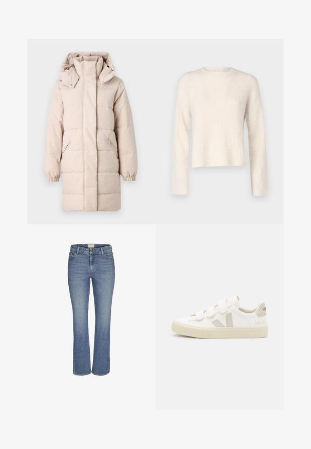 Béžová puff ok jacket s vysokým golierom a odnímateľnou kapucňou. Obsahuje bočné zipsové vrecká a elastické manžety. Hladký povrch, prešívaný dizajn.; JDY Knitted JDYINGEBORG Knitted - Svetrík - pumice stone; Džínsy v stredne modrej farbe s rovnými nohavicami, so zapínaním na prednej strane na gombík a zips, s pútkami na opasok a prednými a zadnými vreckami.; Biele tenisky s velkro popruhmi, béžové semišové akcenty, textúrovaná gumová podrážka a šedé V logo. Minimalistický dizajn, zaoblený tvar.