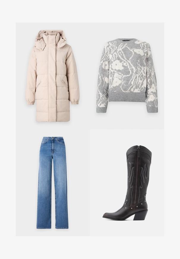 Beige pufferjakke med høj krave og aftagelig hætte. Har sidelommer med lynlås og elastiske manchetter. Glat tekstur, quiltet design.; Grå strikket sweater med et hvidt blomstermønster, rund halsudskæring og ribbede manchetter og kant, fremstillet af blødt materiale.; Lyseblå vide denimbukser med høj talje, frontlommer og standard knaplukning. Glat tekstur.; Brune læder cowboystøvler med flammebroderi, sidelukning med lynlås, sølvnitter, spids snude og lagdelt hæl.