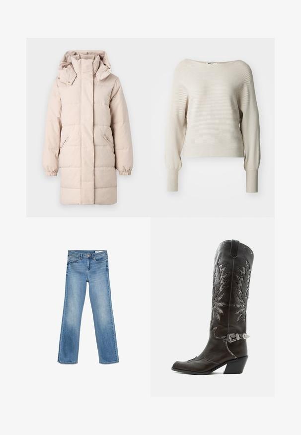Vaaleanbeige puffatakkia, jossa on korkea kaulus ja irrotettava huppu. Varustettu sivuilla vetoketjullisilla taskuilla ja elastisilla hihoilla. Silkkinen pinta, tikattu muotoilu.; Beige ribattu neule, jossa on leveä kaula-aukko, pitkät hihat ja tiukat hihansuut. Pehmeä rakenne, jossa on hienovaraisia vaakaraitoja. Brändilogo näkyvissä.; Vaaleansiniset farkut, joissa on klassinen viiden taskun muotoilu, nappi- ja vetoketju sulkeminen sekä suora lahje.; Musta nahkainen cowboy-saapas koristeellisilla leikkauksilla, hopeisella soljella ja vinolla korolla, valkoisella taustalla esitetty.