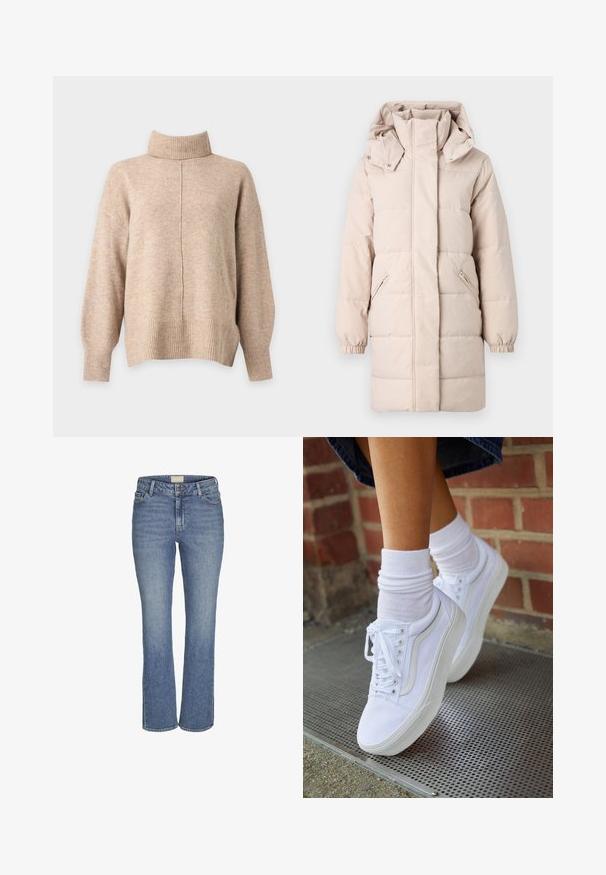 Beige pufferjakke med høj krave og aftagelig hætte. Har sidelommer med lynlås og elastiske manchetter. Glat tekstur, quiltet design.; Beige strikket rullekravesweater med lange ærmer, ribkantede ærmer, kant og en central lodret søm foran.; Mørkeblå lige ben denim jeans med frontknap og lynlås, bæltesløjfer samt front- og baglommer.; Hvide lærreds sneakers med gummisåler, der har seks snørehuller, rund tå og let sømdetaljer, krydret med hvide ankelstrømper.