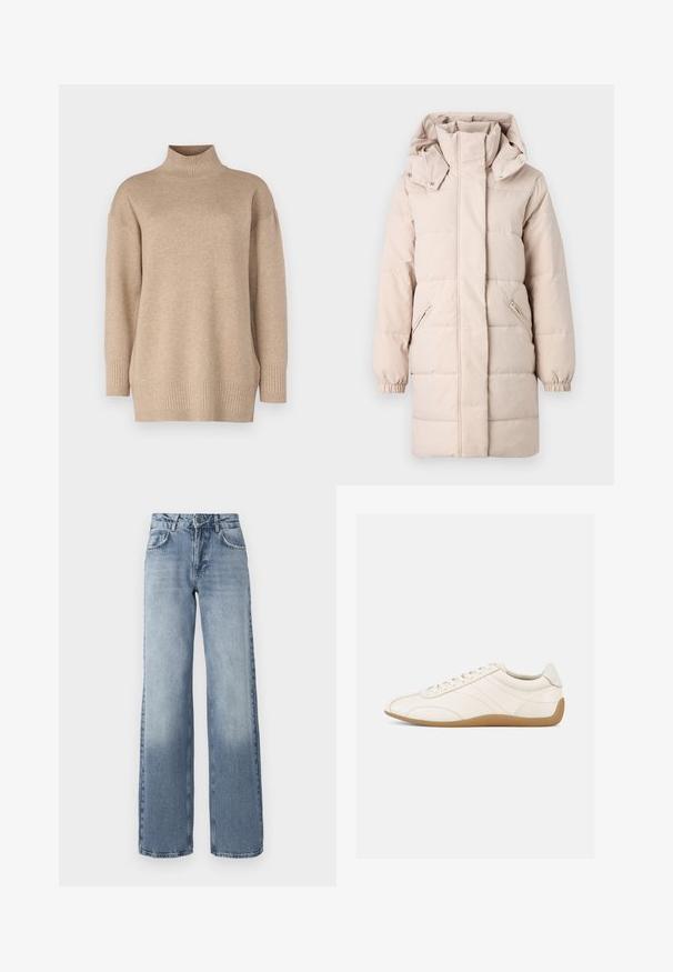 Veste matelassée beige avec un col montant et une capuche amovible. Présente des poches latérales zippées et des poignets élastiqués. Texture lisse, design matelassé.; Pull col roulé beige avec une coupe décontractée, ourlet et poignets côtelés, texture douce et épaules légèrement tombantes. Fabriqué dans un matériau léger.; Jean en denim bleu à jambes larges avec un délavage clair, fermeture éclair, design à cinq poches et un léger décoloration près des chevilles.; Baskets en cuir blanc à texture lisse, bout arrondi et coutures ton sur ton. Elles comportent une semelle en caoutchouc beige et une fermeture à lacets.