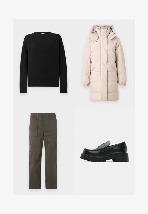 Béžová puff ok jacket s vysokým golierom a odnímateľnou kapucňou. Obsahuje bočné zipsové vrecká a elastické manžety. Hladký povrch, prešívaný dizajn.; Čierny dlhý rukáv sveter s okrúhlym výstrihom a rebrovanými manžetami a lemom, vystavený na jednoduchom svetlošedom pozadí.; Good American CROPPED PANTS - Kapsáče - fatigue; Čierne kožené mokasíny s hrubou štruktúrovanou podrážkou, so strapcom cez priehlavok a hladkým, lesklým povrchom.