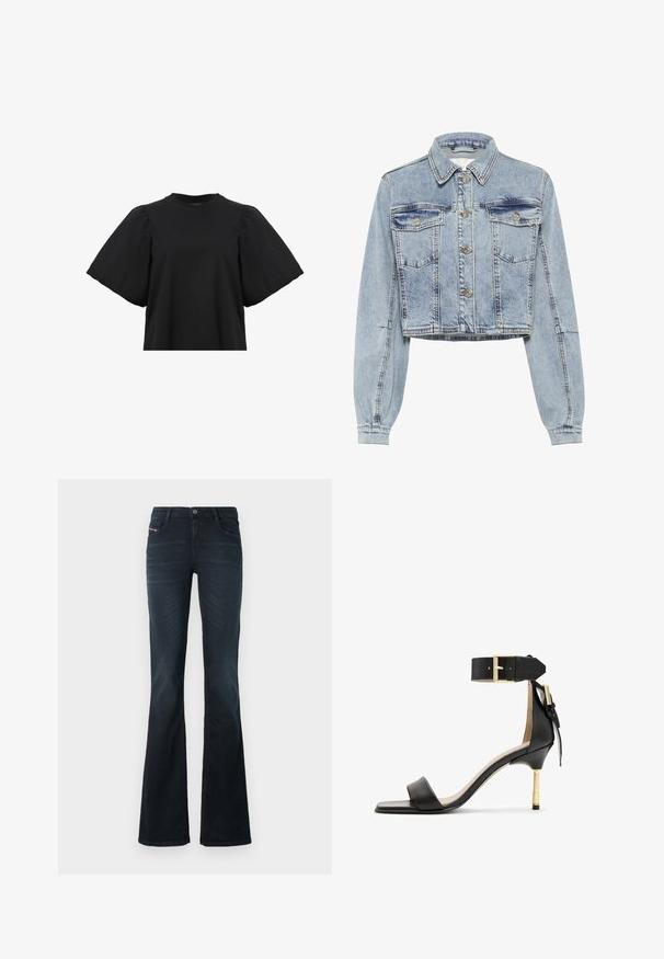 Veste cropped en denim bleu clair avec manches longues, fermeture à boutons sur le devant, deux poches poitrine et détails de couture contrastés.; AllSaints JESS TEE - Blouse - black; Jean évasé en denim foncé avec une texture lisse, design à cinq poches et fermeture à bouton à la taille. Présente des détails de couture subtils.; Sandale à talon en cuir noir avec un bout carré, une bride de cheville dotée d'une boucle en or et un talon métallique fin. Texture lisse, design minimaliste.