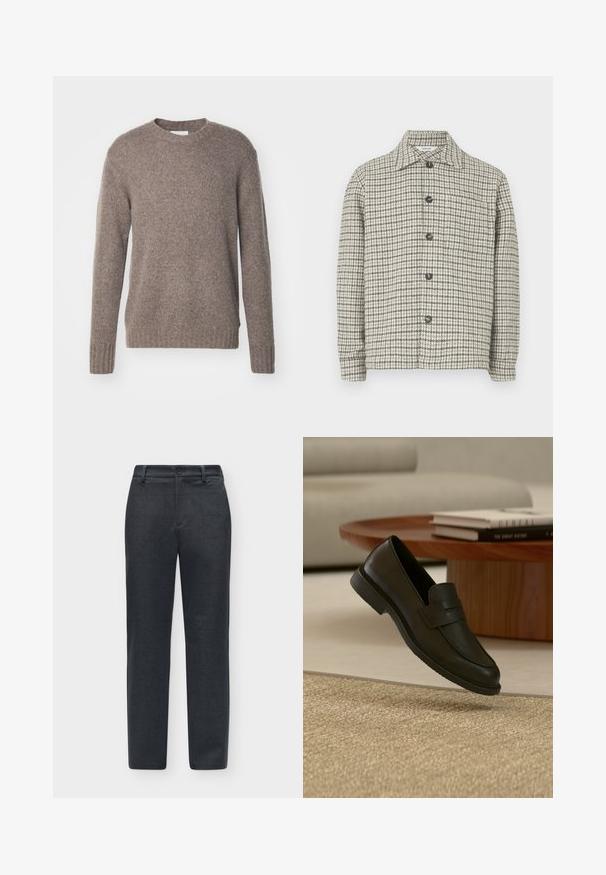 Langærmet skjorte med knaplukning i grå og hvid houndstooth-mønster og en brystlomme på en neutral baggrund.; Brun, strikket sweater med rund hals, lange ærmer og ribbede manchetter og kant, som har en blød, tekstureret overflade.; Mørkegrå bukser med lige ben, bæltestropper og knaplukning, vist fladt på en hvid baggrund.; Sort læderloafer vist i luften over en beige vævet tæppe, med et træbord og stablede bøger i et blødt oplyst stue.