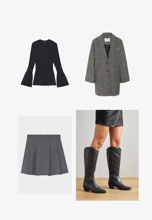 Blazer à carreaux gris avec un col cranté, deux boutons à l'avant et des poches latérales ; il présente un tissu en mélange de laine texturé avec des accents bruns subtils.; Haut noir à manches longues avec des rayures verticales et des manches évasées. Il présente une silhouette peplum et un tissu doux avec une texture.; Jupe plissée grise avec une ceinture et des passants, présentée à plat sur un fond blanc.; Bottes noires montantes en cuir lisse, avec un bout pointu, un petit talon carré et une fermeture éclair sur le côté pour un enfilage facile.