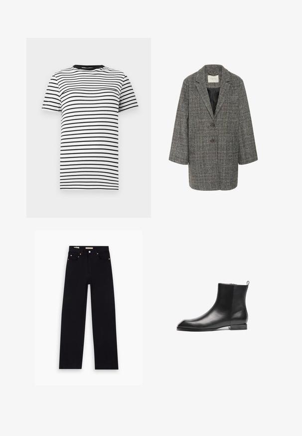 Grårutig blazer med slagkrave, to forreste knapper og sidelommer; har et struktureret uldblandingsstof med subtile brune accenter.; Sort-hvid stribet t-shirt lavet af blødt stof. Har en rund halsudskæring og korte ærmer, med jævnt fordelte vandrette striber.; Sorte denim jeans med lige pasform, fem lommer, kobberdetaljer og en glat tekstur. To mærker synlige på taljebåndet.; Sort læder ankelstøvle med en glat overflade, spids tå, minimalistisk design og en lav firkantet hæl. Inkluderer en bageste trækflap for nem påtagning.