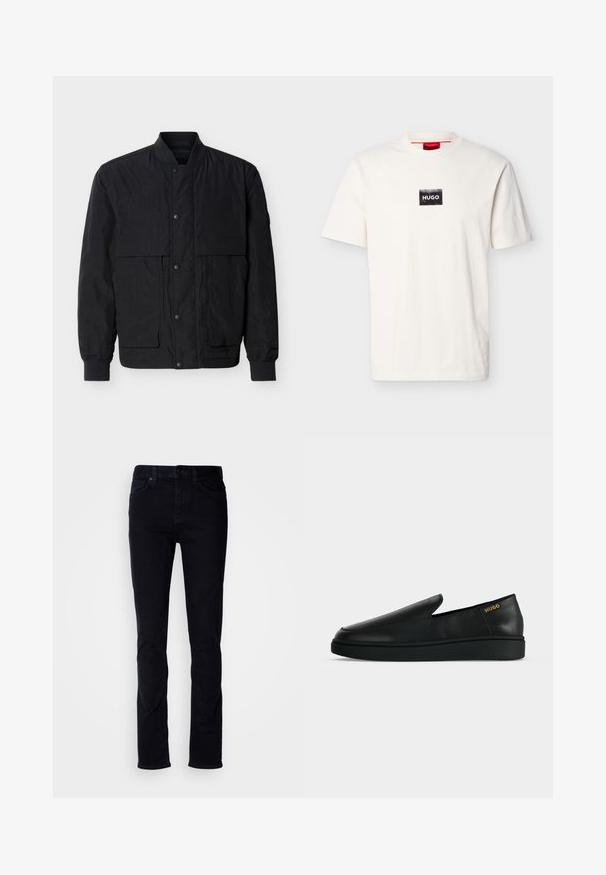 Schwarze Bomberjacke mit Druckknopfleiste, gerippten Bündchen und Kragen sowie zwei Klappentaschen auf der Brust vor einfarbigem Hintergrund.; Weißes T-Shirt mit kurzen Ärmeln und Rundhalsausschnitt, versehen mit einem kleinen schwarzen rechteckigen Aufnäher und weißem "HUGO"-Schriftzug auf der Brust.; Schwarze Denim-Jeans mit Slim-Fit, Fünf-Taschen-Design, sichtbaren Nähten und Knopfleiste. Glatte Textur ohne zusätzliche Muster.; Ein einzelner schwarzer Lederschuh zum Hineinschlüpfen mit dicker Sohle und "HUGO" Branding in Gold nahe der Ferse auf einem einfarbigen hellgrauen Hintergrund.