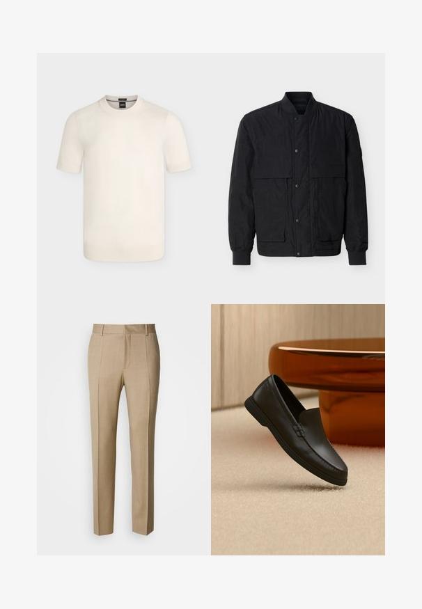 Veste bomber noire avec fermeture à boutons-pression sur le devant, poignets et col côtelés, et deux poches à rabat sur la poitrine, sur un fond uni.; Pull en maille crème à manches courtes avec col rond et poignets et ourlet côtelés sur un fond uni.; Pantalon beige sur mesure en tissu texturé, à front plat et jambes droites. Comprend des poches latérales et des passants pour ceinture, offrant un look élégant.; Mocassin noir en cuir sans lacets exposé sur un tapis beige à côté d'une table en verre ambré de forme incurvée dans une pièce aux tons neutres.