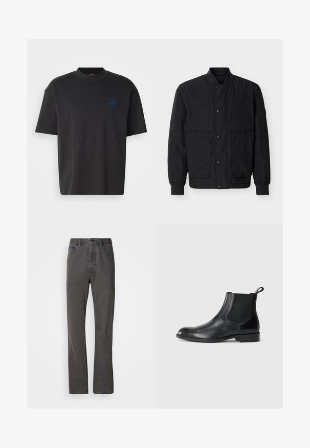 Veste bomber noire avec fermeture à boutons-pression sur le devant, poignets et col côtelés, et deux poches à rabat sur la poitrine, sur un fond uni.; T-shirt noir à col rond en coton, avec manches courtes et logo brodé ton sur ton sur la poitrine gauche. Texture lisse, coupe décontractée.; Jeans en denim gris avec une coupe droite, dotés de poches avant, d'une fermeture à bouton et d'une texture subtile.; Bottine en cuir noir avec des panneaux latéraux élastiques, bout rond et tirette. Texture lisse, semelle plate, design minimaliste.