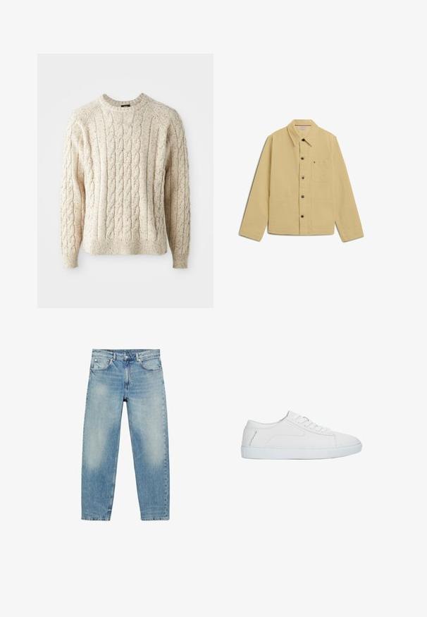 Beige kordelbesetzte Jacke mit langen Ärmeln, drei Fronttaschen und einem kleinen rechteckigen Logo auf der linken Brusttasche.; Cremfarbener Kabelstrickpullover mit Rundhalsausschnitt, strukturiertem Muster und gerippten Bündchen und Saum. Hergestellt aus weicher, dicker Wolle.; Blue Jeans mit geradem Bein, vorderen Taschen und Gürtelschlaufen, die leichte Verblassungen an Oberschenkeln und Knien zeigen.; Weißer niedriger Sneaker mit Schnürdesign, glattem Lederobermaterial und flacher Gummisohle, seitlich auf weißem Hintergrund dargestellt.