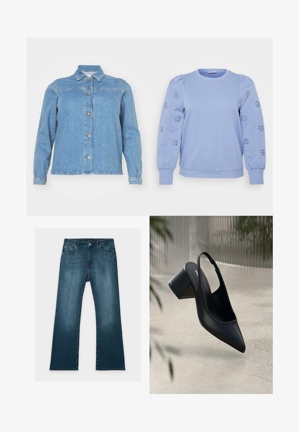 Hellblaues Denim-Jacket mit Kragen, langen Ärmeln, vorderem Knopfverschluss und zwei Brusttaschen. Besitzt einen leicht ausgefransten Saum.; Hellblaues Pullover-Sweatshirt mit puffierten Ärmeln, das über florale Ausschnittmuster an den Ärmeln sowie einen gerippten Saum und Bündchen verfügt.; Blaue Jeans mit geradem Bein, vorderen und hinteren Taschen, Knopf- und Reißverschluss und dezenten verblassten Details an Oberschenkeln und Knien.; Schwarze Leder-Slingback-Pumps mit spitzem Zehenbereich und Blockabsatz. Glatte Textur, minimalistisches Design und verstellbarer Knöchelriemen.