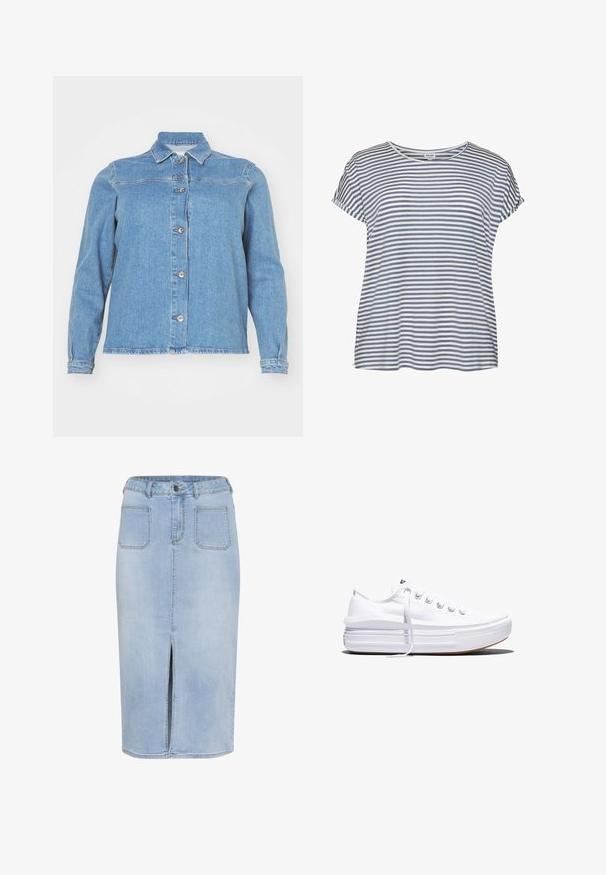 Hellblaues Denim-Jacket mit Kragen, langen Ärmeln, vorderem Knopfverschluss und zwei Brusttaschen. Besitzt einen leicht ausgefransten Saum.; Gestreiftes T-Shirt in Hellblau und Weiß. Weicher Stoff, kurze Ärmel, Rundhalsausschnitt und lockere Passform. Keine sichtbaren Muster oder Verzierungen.; Hellblaue Denim-Midirock mit einem hohen Schlitz, fünf Taschen und einer figurbetonten Taille mit Gürtelschlaufen und Knopfverschluss.; Weißer Canvas-Sneaker mit niedrigem Schnitt, dicker Plateau-Sohle, vorderer Schnürung und rauer Gummikappe an der Spitze, aus seitlicher Ansicht gezeigt.