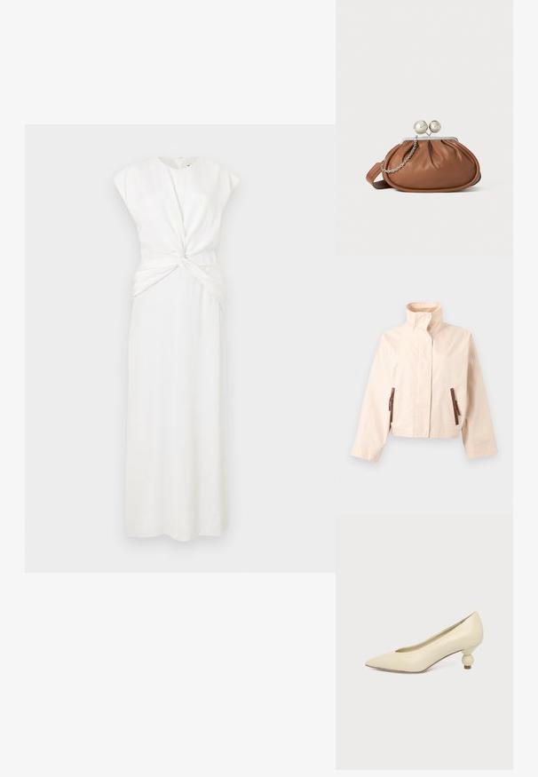 Chaqueta corta beige con cuello alto, mangas largas, botones a presión delanteros y dos bolsillos verticales marrones con cremallera.; Vestido blanco sin mangas con un escote alto y diseño frontal retorcido. Silueta larga y recta con textura suave. Cierre de cremallera en la parte posterior.; Zapato de mujer color crema con punta afilada y tacón bajo, con tacón redondo en forma de bola, sobre un fondo liso.; Bolso de mano de cuero marrón con cierre de bola plateada y un pequeño detalle de cadena plateada sobre un fondo blanco.