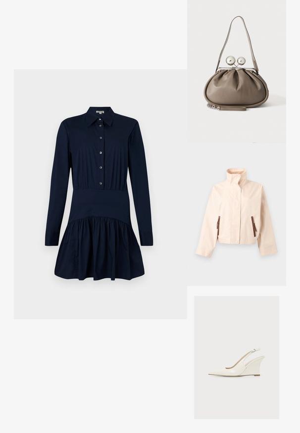 Veste courte beige avec col montant, manches longues, boutons-pression à l'avant et deux poches verticales marron zippées.; Robe chemise bleu marine avec un devant à boutons, des manches longues, une taille cintrée et une jupe évasée avec un détail froncé à l'ourlet.; Chaussure compensée à bout pointu couleur crème avec bride arrière réglable à boucle et finition lisse sur fond uni.; Sac à main en cuir gris de forme arrondie, fermeture supérieure avec deux grandes sphères argentées, et une seule anse.