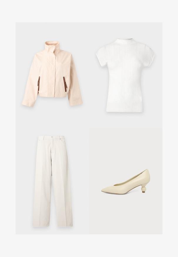Veste courte beige avec col montant, manches longues, boutons-pression à l'avant et deux poches verticales marron zippées.; Haut blanc à manches courtes côtelé avec un col haut. Texture douce, coupe ajustée et lignes verticales subtiles. Transition d'épaule sans couture.; Pantalon ample couleur blanc cassé avec passants de ceinture, bouton à l'avant, fermeture éclair et poches latérales, présenté sur un fond clair uni.; Chaussure femme couleur crème à bout pointu avec un petit talon rond en forme de boule, sur fond uni.
