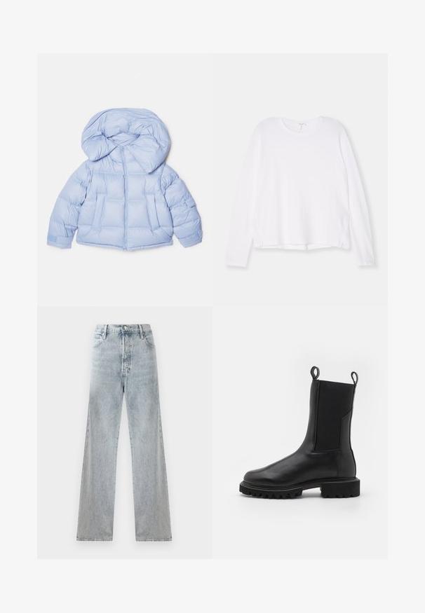 Doudoune bleu clair avec une grande capuche, fermeture éclair et design matelassé. Elle comporte deux poches avant et des poignets élastiques pour un ajustement confortable.; Chemise blanche à manches longues, en tissu doux, avec un col rond, une coupe décontractée et des fentes sur les côtés à l'ourlet pour faciliter les mouvements.; Jean en denim bleu clair avec taille haute, silhouette à jambes larges, design traditionnel à cinq poches et effets de décoloration subtils.; AllSaints HALLIE - Bottines à plateau - black