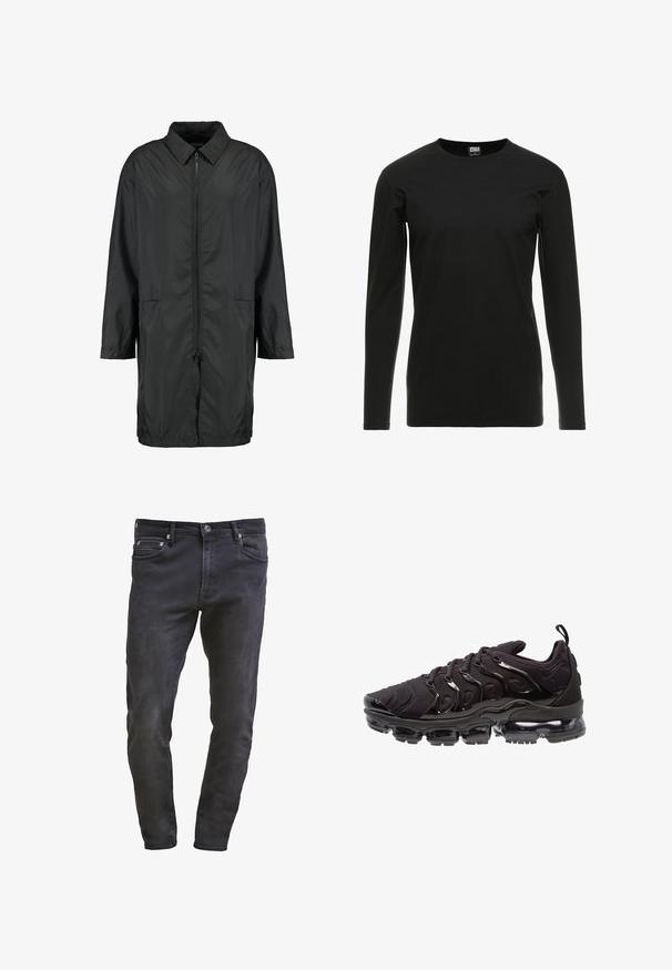 Sort vindjakke lavet af letvægtsmateriale med kravehals, fuld lynlås og to forlommer; afslappet pasform, knælang.; Urban Classics STRETCH TERRY - Langærmet T-shirt - black; Slim-fit sorte denim jeans med fem lommer, lynlåslukning og let slitage. Glat tekstur med en mørk vaskefinish.; Sorte atletiksko med et tekstureret stofoverdel, metalliske detaljer og en markant luftfyldt sål. Har distinkte bølge-lignende designelementer.