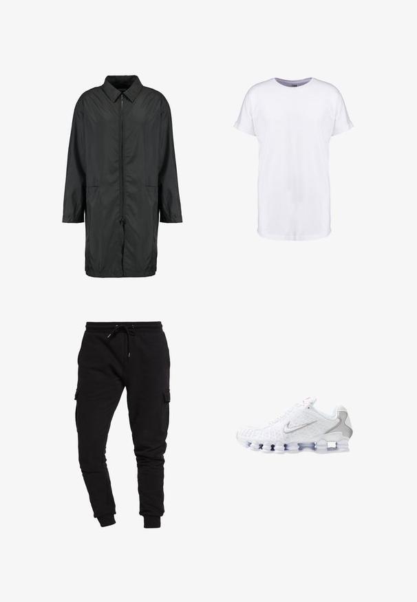 Zwarte windbreakerjas van lichtgewicht materiaal met een kraag, volledige rits en twee voorzakken; relaxte pasvorm, knielengte.; Effen witte T-shirt met korte mouwen, opgerolde manchetten en een ronde hals, afgebeeld op een witte achtergrond.; Zwarte katoenen joggers met een taps toelopende pasvorm, een trekkoord in de taille en zij cargo pockets. Gladde textuur en elastische boorden bij de enkels.; Witte sportschoenen met een gestructureerd bovenwerk, een zilveren swoosh-logo, meshpanelen en een opvallende gesegmenteerde witte zool.