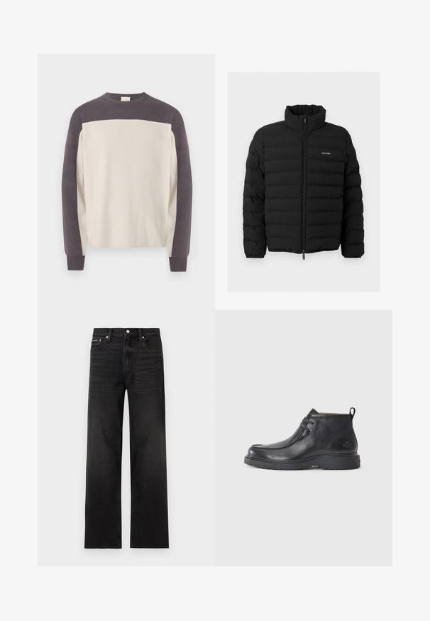 Doudoune matelassée noire avec fermeture éclair intégrale à l'avant, col montant, poignets élastiques et petit logo blanc Calvin Klein sur la poitrine.; Pull à col rond à manches longues avec des épaules et des manches gris foncé, et un corps beige clair, présenté sur un fond blanc.; Jean noir droit avec cinq poches, passants pour ceinture et fermeture par bouton, présenté sur un fond blanc.; Bottes noires en cuir à talon arrondi, avec un design à lacets et une languette à l'arrière. Tige texturée et semelle en caoutchouc.
