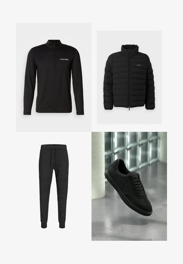 Zwarte doorgestikte donsjas met volledige ritssluiting aan de voorkant, opstaande kraag, elastische manchetten en klein wit Calvin Klein-logo op de borst.; Zwarte langekant pullover met hoge kraag, halve rits en gestructureerde stof. Voorzien van een klein wit logo op de linkerkant van de borst.; Zwarte slimfit joggerbroek met elastische tailleband, verstelbare trekkoorden, knieseemde details en boorden bij de enkels.; Zwarte lage sneaker met veters en "CK"-logo aan de zijkant, zwevend boven een gepolijste betonnen vloer bij een glazen blokmuur.
