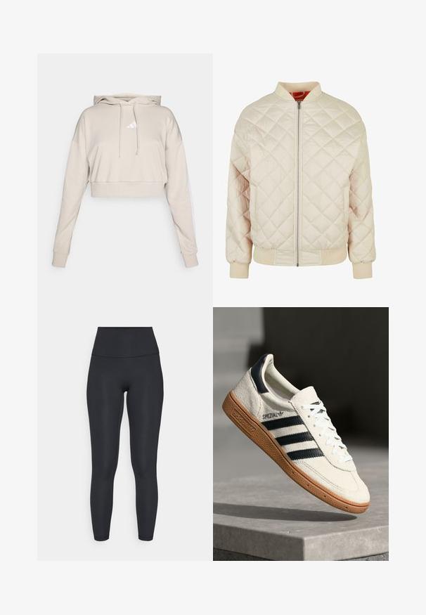 Gepolsterte beige Bomberjacke mit Reißverschluss, gerippten Bündchen und Saum. Weiche Textur mit einem einfachen, geometrischen Rautenmuster.; Hellbeige, kurz geschnittenes Sweatshirt mit Kapuze, das ein weißes, dreieckiges Logo und weiße Seitenstreifen aufweist. Hergestellt aus weichem, strukturiertem Stoff.; adidas Performance ALL ME SCULPT - Leggings - black; Weiße Wildleder-Sneaker mit marineblauen Streifen, Gummisohle, strukturiertem Obermaterial, runder Zehenform und Schnürung; mit Branding an der Seite und auf der Zunge.