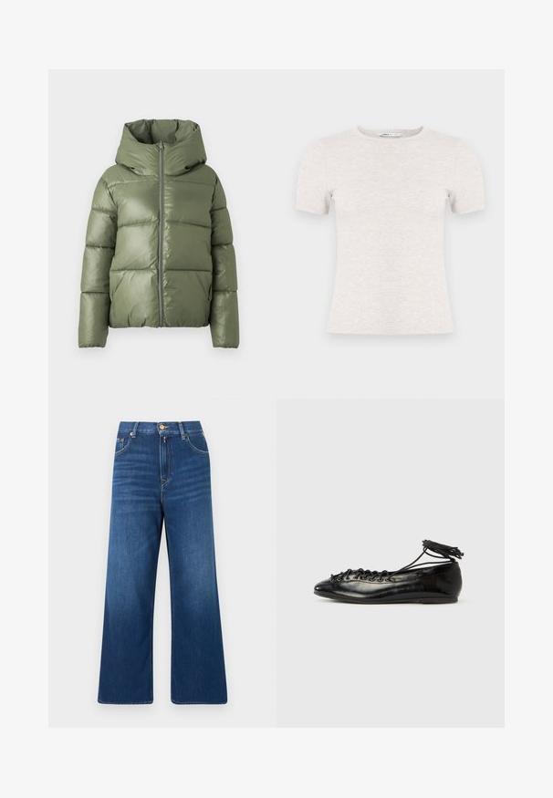 Veste matelassée en vert olive, avec une fermeture éclair sur le devant, une capuche et des manches larges. Texture lisse et brillante avec des coutures horizontales.; T-shirt gris clair à manches courtes en tissu côtelé avec un col rond. Design simple, texture lisse, sans motifs ni accents visibles.; Jean en denim bleu à jambes larges avec taille haute, fermeture avant par bouton et zip, et poches avant et arrière.; Ballerines en cuir verni noir avec un bout rond, un design à lacets et une semelle plate. Texture lisse avec peu de détails.