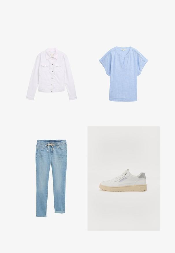 Hvid denimjakke med lange ærmer, klassisk krave, to brystlommer, sølvknapdetaljer og syede detaljer foran og ved manchetterne.; Lys blå kortærmet skjorte i et åndbart stof, med v-halsudskæring og en subtil tekstureret mønster over hele. ; Lys blå denim jeans med lige pasform, elastisk snøre i taljen, opretstående nederste kant og forlommer. Designet med diskret slid.; Mænds hvide sneakers med en glat overflade, grå detaljer, rund tå og en beige gummisål. Har et sidelabel og perforerede detaljer.