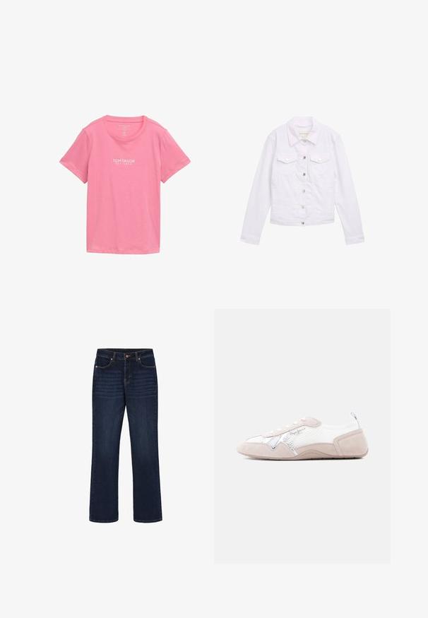 Hvid denimjakke med lange ærmer, klassisk krave, to brystlommer, sølvknapdetaljer og syede detaljer foran og ved manchetterne.; Lyserød T-shirt med korte ærmer lavet af blødt stof. Har rund halsudskæring og en hvid mærkelogo trykt på forsiden.; Mørkeblå jeans med lige ben, for- og baglommer, knaplukning og subtile whiskering-detaljer på lårenes forside.; Lavprofils beige og hvide sneaker med mesh- og ruskindspaneler, snørebånd og "Pepe Jeans London"-logo på siden.