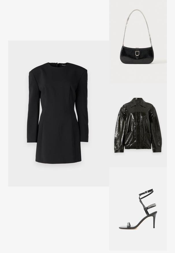 Veste en cuir noir brillant avec un col, fermeture éclair sur le devant et deux grandes poches à rabat. Présente une coupe ample avec des poignets élastiqués.; Robe noire structurée avec des manches longues, un col montant et des épaulettes prononcées. Silhouette ajustée se rétrécissant vers un ourlet court. Texture lisse.; Sandale noire à talon haut avec fine bride à la cheville, bride médiane décorée de maillons de chaîne argentés, et design à bout ouvert.; Sac à épaule en cuir verni noir avec détail de boucle argentée et bandoulière en chaîne argentée, présenté sur un fond uni clair.