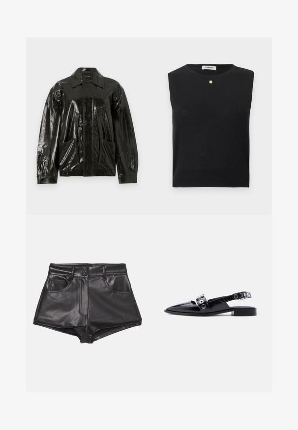 Veste en cuir noir brillant avec un col, fermeture éclair sur le devant et deux grandes poches à rabat. Présente une coupe ample avec des poignets élastiqués.; Haut noir sans manches en maille avec col rond et petit emblème carré doré sous l'encolure, étiqueté Sandro.; Shorts en simili cuir noirs à taille haute, dotés de deux poches frontales, de coutures apparentes et d'une texture lisse.; Ballerine pointue en cuir verni noir avec double boucle argentée et talon slingback sur fond blanc.