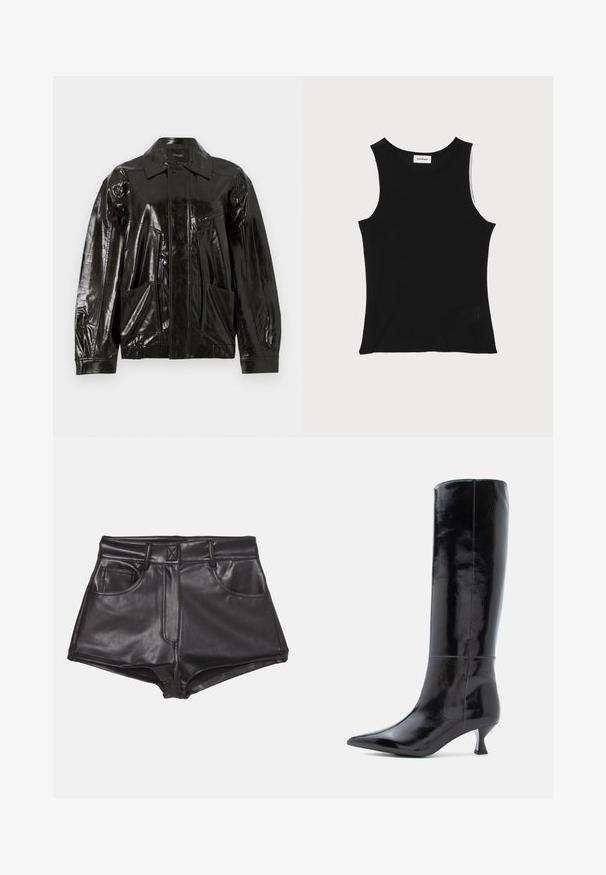 Chaqueta de cuero negra y brillante con cuello, cremallera frontal y dos grandes bolsillos con parche. Tiene un corte holgado con puños elásticos.; Top de tirantes negro acanalado con escote redondo y tirantes anchos, que presenta un acabado texturizado sutil y un pequeño detalle de malla en el dobladillo.; Pantalones cortos de imitación cuero negros con cintura alta, que cuentan con dos bolsillos frontales, costuras visibles y una textura suave.; Botas de cuero negras hasta la rodilla con un acabado brillante, punta afilada y un pequeño tacón cuadrado. Textura suave, detalles de costura mínimos.