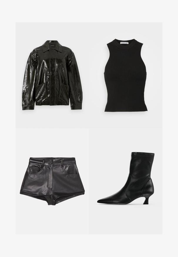 Sort, blank læderjakke med krave, frontlynlås og to store påsyede lommer. Har en løs pasform med elastiske manchetter.; DESIGNERS REMIX MANDY TANK - Top - black; Sorte faux læder shorts med høj talje, der har to frontlommer, synlige sømme og en glat overflade.; Sort læderstøvle til midt på læggen med spids tå og lav kittenhæl, vist fra siden på en ensartet lys baggrund.