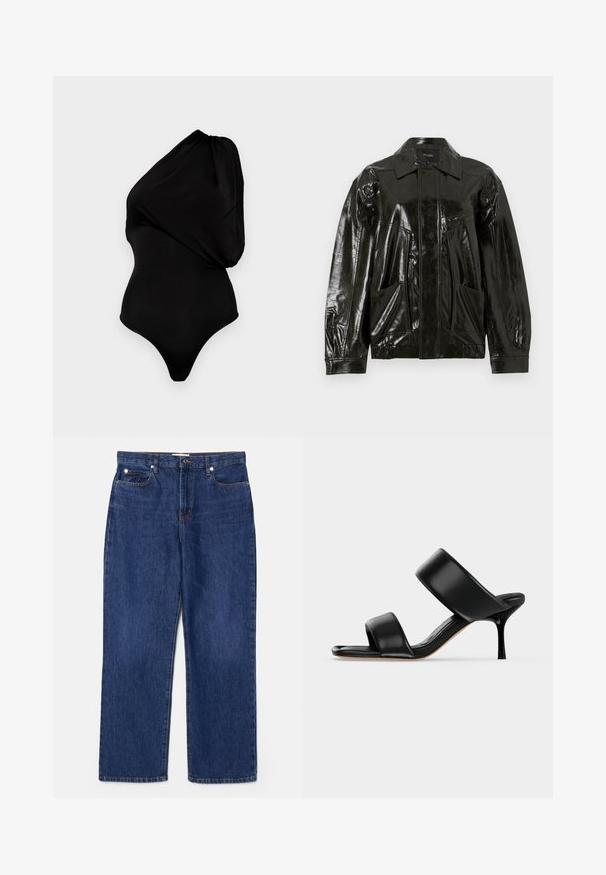 Must musta nahkjope kraega, esi tõmbel ja kahe suure kleebisega taskuga. Omab laia lõiget ja elastseid mansette.; Must beebi õlapea bodysuit, mis on valmistatud siledast materjalist, millel on drapeeritud disain ja keha kallutav siluett koos kõrge lõikega jalaga.; Tumed sinised denimid, kõrge vöökoht, sirge jalgade disain, viis taskut ja hõbedased metalldetailid. Omab peent kulumist ja õmmeldud õmblusi.; Mustast nahast mule-tüüpi sandaal kahe laia rihmaga ja õhukese keskmise kõrgusega kontsaga lihtsal heledal taustal.