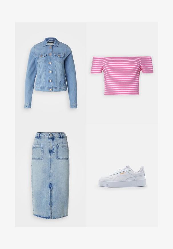 Lyseblå denimjakke med klassisk krave, to brystlommer, kobberknapper og en let cropped design. Glat tekstur og tætsiddende form.; Off-the-shoulder pink crop top med hvide striber; lavet af strækbart stof; korte ærmer; tætsiddende design; glat tekstur.; Lysblå denim midi-nederdel med to baglommer, frontknaplukning og lige snit, prydet med en falmet tekstur og syningsdetaljer.; Hvide lædersneakers med en kraftig sål, der har en glat overflade, minimalistisk design, side-striber og en lille logo detalje.