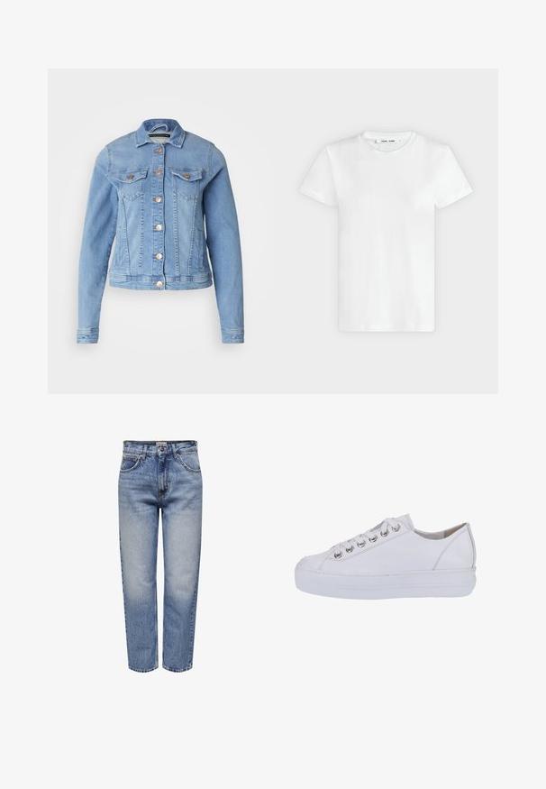 Veste en denim bleu clair avec un col classique, deux poches poitrine, des boutons en cuivre et une coupe légèrement courte. Texture lisse et silhouette ajustée.; T-shirt blanc uni à manches courtes et col rond, posé à plat sur un fond gris clair, montrant le devant avec l'étiquette à l'intérieur du col.; Jean en denim bleu clair avec une coupe décontractée, design à cinq poches, fermeture à bouton et zones décolorées pour un look vintage. Coupe droite.; Baskets blanches en cuir au toucher lisse, à bout arrondi et semelle blanche surélevée. Présentent des œillets en métal argenté et des lacets plats.