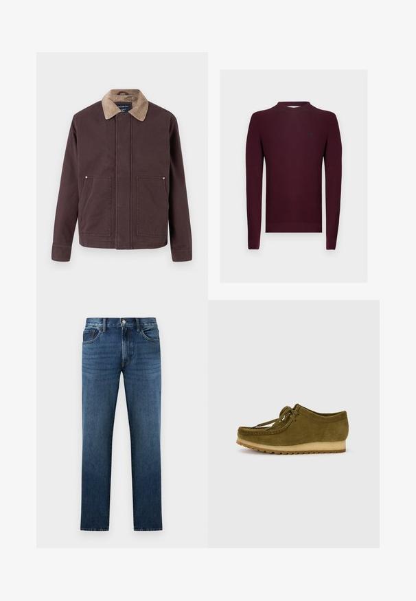 Donkerbruine jas gemaakt van stevig materiaal, met een corduroy kraag, twee voorzakken en een rechte snit.; Bordeauxkleurige gebreide trui met lange mouwen, geribbelde textuur en een ronde hals. Klein logoaccent op de linkerborst.; Donkerblauwe rechte spijkerbroek met knoop- en ritssluiting aan de voorkant, voor- en achterzakken, weergegeven op een witte achtergrond.; Olijfgroene suède schoen met een ronde neus, vetersluiting en een lage, gestructureerde rubberen zool. Minimale stiknaad details langs de rand.