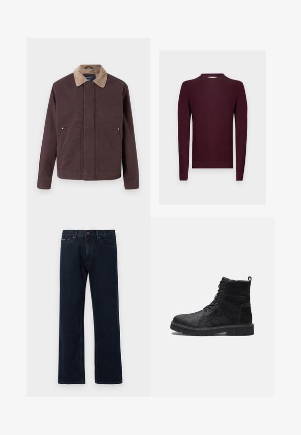 Donkerbruine jas gemaakt van stevig materiaal, met een corduroy kraag, twee voorzakken en een rechte snit.; Bordeauxkleurige gebreide trui met lange mouwen, geribbelde textuur en een ronde hals. Klein logoaccent op de linkerborst.; Donkerblauwe jeans met rechte pijpen, voorste knoop- en ritssluiting, voorzakken en riemlussen.; Zwarte enkelboots met een gestructureerde bovenkant, voorzien van vetersluiting aan de voorkant, een stevige rubberen zool en een trekhaak aan de achterkant voor gemakkelijk aantrekken.