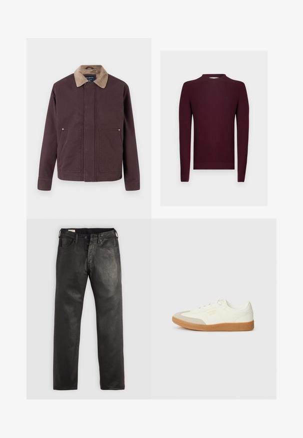 Donkerbruine jas gemaakt van stevig materiaal, met een corduroy kraag, twee voorzakken en een rechte snit.; Bordeauxkleurige gebreide trui met lange mouwen, geribbelde textuur en een ronde hals. Klein logoaccent op de linkerborst.; Zwarte spijkerbroeken van denim met een rechte snit, voorzien van een knoop- en ritssluiting, vijf zakken en een zachte textuur.; Schoen gemaakt van wit leer met een beige teenkap en een lichtbruine rubberen zool. Voorzien van platte witte veters en reliëfbranding aan de zijkant.