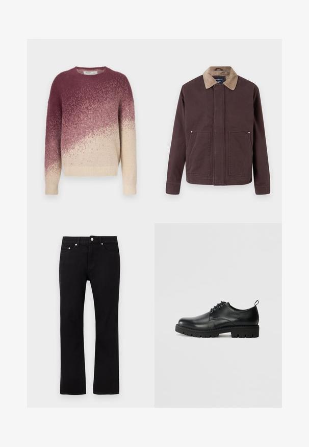 Veste marron foncé en tissu robuste, avec un col en velours côtelé, deux poches avant et une coupe droite.; Pull en tricot à col rond, présentant un dégradé du violet foncé au beige crème. Texture douce avec un motif subtil sur l'ensemble.; Jeans noirs droits avec boutons avant, fermeture éclair, passants pour ceinture et style cinq poches sur un fond clair uni.; Chaussure en cuir noir à bout arrondi, présentant un design à lacets, une semelle en caoutchouc noire robuste et un petit onglet de talon à l'arrière.