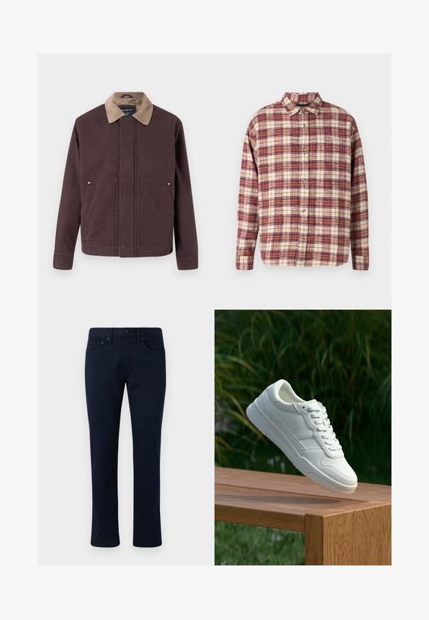 Dunkelbraune Jacke aus strapazierfähigem Stoff, mit einem Kordkragen, zwei Fronttaschen und einem geraden Schnitt.; Karierter Button-down-Hemd aus rotem, gelbem und weißem Stoff. Verfügt über einen klassischen Kragen und lange Ärmel mit Knopfverschluss.; Marineblaue Jeanshose mit slim-fit-Schnitt, ausgestattet mit einem klassischen Fünf-Taschen-Design und dezenten Nähakzenten. Glatte Textur ohne Verzierungen.; Weiße Ledersneaker mit glatter Oberfläche, ausgestattet mit einem perforierten Design, klassischer Schnürung und Gummisohle, positioniert auf einer Holzoberfläche.