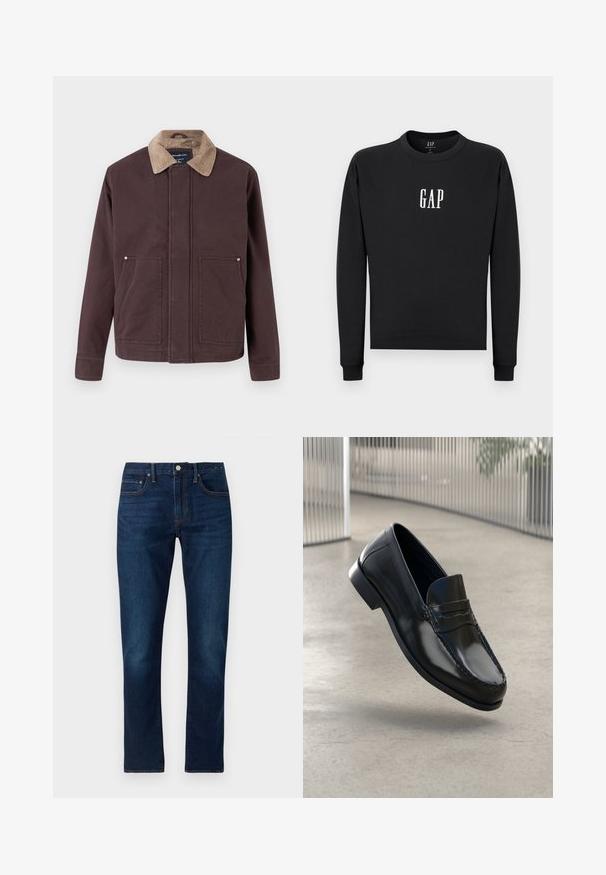 Mørkebrun jakke lavet af solidt stof, med en corduroykrave, to forlommer og en lige skæring.; Sort sweatshirt lavet af blødt stof med rund hals og lange ærmer. "GAP"-logo trykt i hvidt på forsiden.; Mørkeblå denim jeans med lige ben. Funktioner inkluderer kontrastsyninger, fem lommer og lukning med knap foran.; Sorte læder loafers med en glat finish, rundet tå, dekorative syninger og en let forhøjet ydersål.