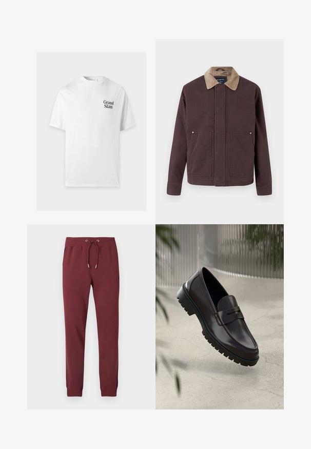 Veste marron foncé en tissu robuste, avec un col en velours côtelé, deux poches avant et une coupe droite.; T-shirt blanc à manches courtes avec texte noir "Grand Slam" sur la poitrine gauche et col rond.; Pantalon de jogging bordeaux en tissu doux, avec taille à cordon, poches latérales, jambes fuselées et poignets élastiques.; Mocassins en cuir marron avec une semelle en caoutchouc texturée et striée. Présente un design épuré et une sangle décorative sur le cou-de-pied.